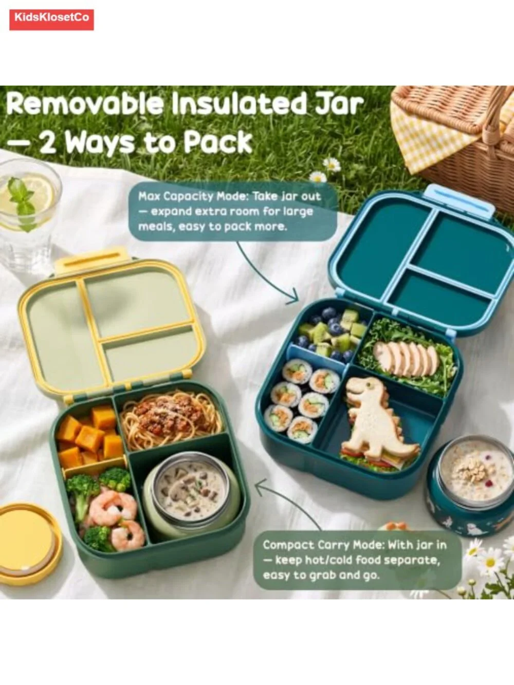Kids Bento Lunch Box with Thermo Jar Insulated Bag Leakproof 60oz Dishwasher